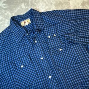 VTG Ranchers Westernwear Mens Big 1X Blue Plaid Pearl Snap Cowboy Shirt USA L/S